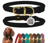 BRONZEDOG Rolled Leather Dog Collar with QR ID Tag Adjustable Soft Round Collars for Small Medium Large Dogs Puppy Cat (Black Night, 18-25 cm)