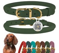 BRONZEDOG Rolled Leather Dog Collar with QR ID Tag Adjustable Soft Round Collars for Small Medium Large Dogs Puppy Cat (Emerald Green, 23-28 cm)