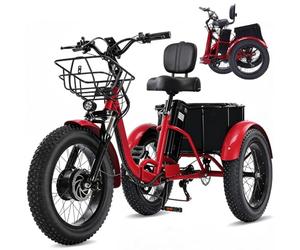 Broobey Electric Tricycle for Adults 48V15Ah Etrike 20"x4" Fat Tire Electric Trike 3-Wheel Folding Electric Tricycle Max 20KM/H With a large-capacity bike basket（red）
