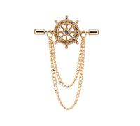 Brooch Lapel Pin for Men Gold Alloy Crystal Ship's Steering Wheel with Chain Lapel Pin Badge Coat Suit Wedding Gift Party Shirt Collar Accessories