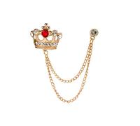 Brooch Lapel Pin for Men Golden Crown with Red Stone and Hanging Chain Golden Badge Coat Suit Wedding Gift Party Shirt Collar Accessories