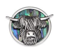 Brooch Lapel Pin Inlaid With Sustainable Ethically Sourced Abalone Shell Silver Plated Jewellery For Women Girls Gift Boxed (Highland Cow Brooch)