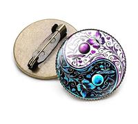 Brooches, Yin Yang Brooches Black White Tai Chi Butterfly Dragon Cat Pattern Round Brooch Glass Crystal Gem Metal Pins(3)