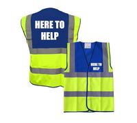 Brook Hi Vis - HERE TO HELP Printed Yellow and Blue Hi Vis Vests for Men UK - High Visibility Workwear Apparel - High Vis Vests/Waistcoats for Men and Women - Security, Police Vest, Event