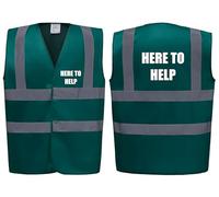 Brook Hi Vis Premium Safety Vest - HERE TO HELP Printed Front & Back, Event Management High Viz Waistcoat, Available in 14 Colours Festivals Events (UK, Alpha, L, Regular, Regular, Green)