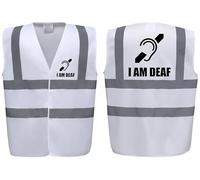 Brook Hi Vis Premium Safety Vest - I AM DEAF Logo Printed Front & Back, High Visibility Vest for Deaf Awareness, Available in 14 Colours (White, Large)