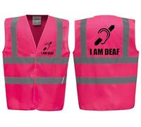 Brook Hi Vis Premium Safety Vest - I AM DEAF Logo Printed Front & Back, High Visibility Vest for Deaf Awareness, Available in 14 Colours (Pink, Small)