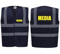 Brook Hi Vis Premium Safety Vest - MEDIA Printed Front & Back, Event Management High Viz Waistcoat, Available in 14 Colours, Festivals (Navy, Large)
