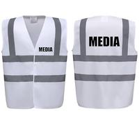Brook Hi Vis Premium Safety Vest - MEDIA Printed Front & Back, Event Management High Viz Waistcoat, Available in 14 Colours, Festivals (White, Medium)