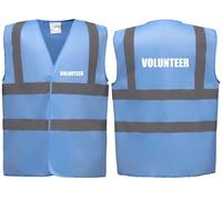 Brook Hi Vis Premium Safety Vest - VOLUNTEER Printed Front & Back, Event Management High Viz Waistcoat, Available in 14 Colours Add Company Text or Logo (UK, Alpha, S, Regular, Regular, Sky Blue)