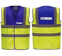 Brook Hi Vis Premium Two Tone Safety Vest - STEWARD Printed Front & Back, Event Management High Viz Waistcoat, Available 8 Colours Hi Vis Vest (Blue/Yellow, 2XL)