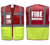 Brook Hi Vis UK Big Logo Fire Marshal Red/Yellow Zipped Hi Vis Vest High Visibility Safety Waistcoat Pockets Reflective Bands Company Compliance Event Staff, Alpha, S, Regular, Regular, Red/Yellow