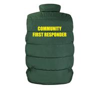 Brook Hi Vis UK COMMUNITY FIRST RESPONDER Green Premium Result Bodywarmer, Workwear Staff Medic Aider Nurse, White Text - Windproof & Showerproof Outer Layer, Multi-Pocket Staff Vest