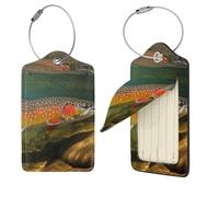 Brook Trout Fly Fishing Luggage Tags for Suitcases, PU Leather Suitcase Tags Identifiers with Stainless Steel Loop, Privacy Cover ID Label with Address Card, Travel Essentials Bag Tag, Black, 4 pcs