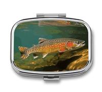 Brook Trout Fly Fishing Pill Box 2 Compartment Portable Pill Case Daily Square Pill Organizer for Pocket Purse Daily Medicine Container to Hold Vitamins Fish Oil Travel Gifts