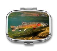 Brook Trout Fly Fishing Pill Box 2-Compartment Portable Pill Case Square Metal Medication Organizer Small Weekly Medication Case with Mirror Stylish Vitamin Holder for Purse Pocket Travel