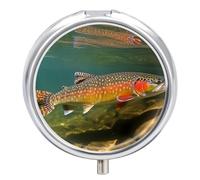 Brook Trout Fly Fishing Pill Box, Travel Medicine Pill Case with Mirror, 3 Compartment Portable Round Pill Organizer, Weekly Medicine Pill Container Holder for Pocket Or Purse Daily Meds