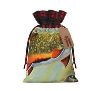 Brook Trout Fly Fishing Printed Christmas Drawstring Linen Gift Bags â€“ Reusable Burlap Fabric Bags With Tags For Christmas Gifts, Party Favors, Wedding Decor & Holiday Packaging 2 Sizes