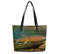 Brook Trout Fly Fishing Tote Bag Large Soft Leather Purse with Zipper Lightweight Ladies Shoulder Handbag
