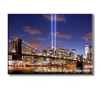 Brooklyn Bridge and Tribute in Light Magnet - 3.5x2.5 Inch NYC Memorial Souvenir - One World Trade Center Night Skyline Metal Fridge Magnet - ArtMalore 9/11 Landmark Tribute
