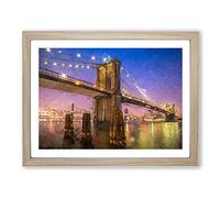 Brooklyn Bridge At Night In Abstract Modern Art Framed Print | A4 Oak Framed Wall Art | Ready to Hang | Abstract Cityscape Picture | Living Room Bedroom Lounge Office