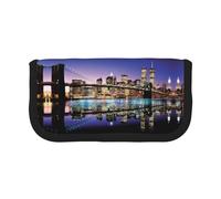 Brooklyn Bridge at Night Large Canvas Pencil Case Makeup Bag Organizer-Premium Zippered Pouch with Mesh Pocket,Color-Block Design (Black Trim)-School Trave Cosmetic Bag