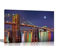 Brooklyn Bridge at Night with Moon New York City Canvas Prints for Living Room Framed Hanging Artwork Cityscape Pictures for Bedroom 30 x 20cm (12 x 8 inches) A4