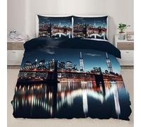 Brooklyn Bridge Bedding Set Single Size New York City 3 Piece Duvet Cover Set Cityscape at Night Printed Pattern Bed Set with Zipper Closure,Ties