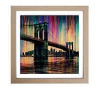Brooklyn Bridge Glitch Art Framed Print | 18x18 Inch Oak Framed Wall Art | Ready to Hang | Eclectic Cityscape Picture | Living Room Bedroom Lounge Office
