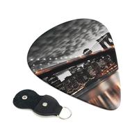 Brooklyn Bridge Guitar Picks 6 Pack with Leather Guitar Pick Holder Keychain, Plectrum Key Fob Cases Bag, Abstract Art Plectrum for Acoustic Electric Guitar, Ukulele 0.71mm
