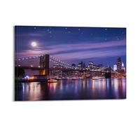 Brooklyn Bridge Modern New York Manhattan Skyline with Full Moon Poster Home Decor Canvas Painting HD Picture Bedroom Living Room Decor Wall Art16x24inch(40x60cm)