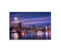 Brooklyn Bridge Modern New York Manhattan Skyline with Full Moon Poster Home Decor Canvas Painting HD Picture Bedroom Living Room Decor Wall Art12x18inch(30x45cm)