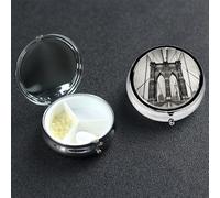 Brooklyn Bridge Pill Box with Mirror 3 Compartment Decorative Pill Case for Purse or Pocket Small Round Pill Organizer Weekly Metal Medicine Tablet Vitamin Holder Travel Gift