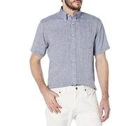 Brooks Brothers Men's Short Sleeve Button Down Linen Sport Shirt, Solid, Denim Blue, S