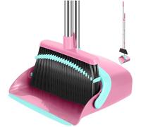 Broom and Dustpan Set, 52-in Long Adjustable Handle Broom Dustpan Combo with Dust pan Teeth to Automatically Clean Hair Suitable for Home Kitchen Office Hall Floor（Pink&Blue）