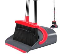 Broom and Dustpan Set, Broom with Dust pan Set, Long Handle Broom and Dustpan Set for Home Kitchen Room Office Lobby Indoor Floor Cleaning, Dust pan and Broom Set(Gray Red)