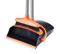 Broom and Dustpan Set for Home, Long Handle Dust Pan and Broom Combo for Indoor Outdoor Heavy Duty Dustpan Set for Kitchen Lobby Office Upright Standing Dustpan with Teeth (Orange)