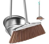 Broom and Dustpan Set with Long Handle Stainless Steel Dustpan and Brush Set Broom Dustpan Combo Sweeper and Dustpan Set with Broom Clip for Indoor Outdoor Kitchen Room Office Lobby(Round)