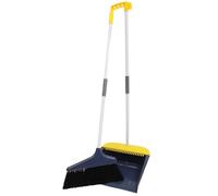 Broom and Dustpan Set with Stand Long Handled Blue Soft Bristle | Plastic, Metal and Pet Build, Anti Wind Stable Pan, Slender Flexible Bristles