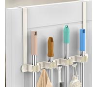 Broom Holder Over The Door - 304 Stainless Steel Mop and Broom Holder Wall Mounted or Hanging Over The Door with Hooks - Broom Hanger, Broom Storage Tool Organizer for Closet Laundry - White
