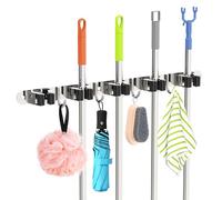 Broom Holder Wall Mounted With 5 Holders And 4 Hooks With Nails Installation Utility Room Storage Stainless Steel Broom Storage Organiser for Garage Kitchen Laundry Bathroom