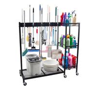 Broom Holder with Cleaning Supplies Organizer, Broom and Mop Holder, 2-In-1 Mobile Cleaning Trolley with Mop Storage with 3 Tier Shelves Cleaning Cart with Wheels for Laundry Room Housekeeping Black