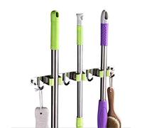 Broom Mop Holder Wall Mount, Broom Mop Organizer Heavy Duty Stainless Steel Tool Organizer 3 Racks 4 Hooks for Home Bathroom Laundry Kitchen Garden Garage (Green)