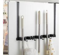 Broom Mop Holder Wall Mounted,Over The Door Broom Storage with 2 Over Door Hooks ,Heavy Duty Stainless Steel Organiser with 5 Holders & 4 Hooks Utility Broom Gripper Drilling Free Mop Hanger for Home