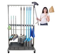 Broom Mop Holder with Wheels, Double Deck Organizer for Garage, Garden, and Hotel Storage