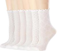 bropapa Women's Ruffle Socks Mesh Casual Lace Cotton Crew Summer Ultra Thin White Frilly Ankle Socks for Women 6 Pairs