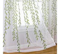BROSHAN Green Pattern Sheer Curtains, White Printed Sheer Bedroom Curtains 2 Panels Vine Leaf Curtain Sheers 78 inches Long Voile Sheer Window Curtains