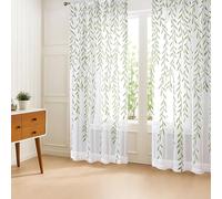 BROSHAN Sheer Curtains 96 inches Long, Extra Wide 52 inch Sheer Bedroom Curtains Green Printed Thin Curtain 2 Panels Leaf Pattern Sheers Voile Curtains for Living Room Sliding Door