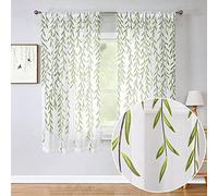 BROSHAN Short Sheer Curtains 2 Panel Set,Green Print Curtains Sheer Leaf Pattern White Sheers 63 inches Long Sheer Window Curtains Rod Pocket for Small Bedroom Bathroom Kitchen