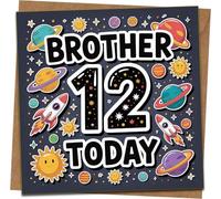Brother 12th Birthday Card - Space Rocket Planets Design, 145mm x 145mm, Happy 12 Today Greeting Card with Kraft Envelope